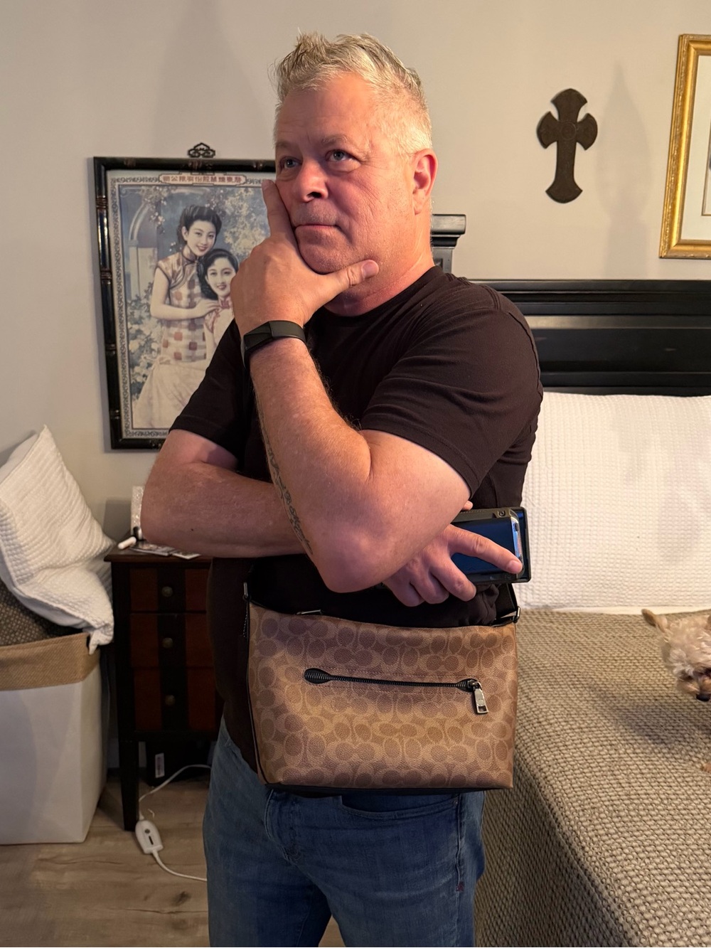 New Coach Brown Signature Canvas Messenger Bag with Black Trim - NWOT.